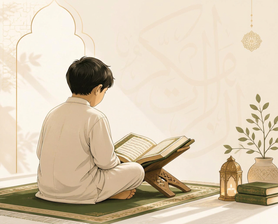 A child reading the Qur'an on a wooden rehal — Al Furqan Online Madrasa